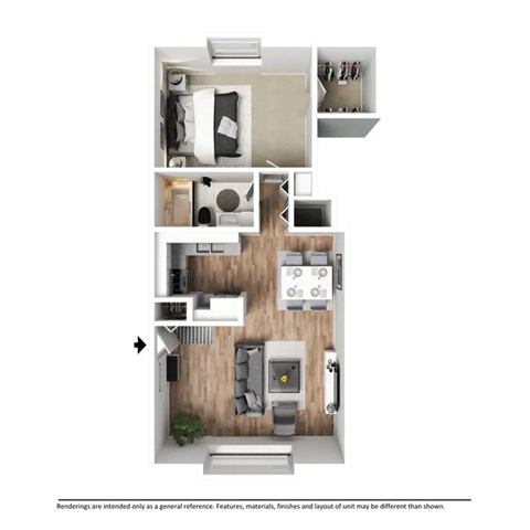 Floor plan for 1 bed, 1 bath, 750 sqft